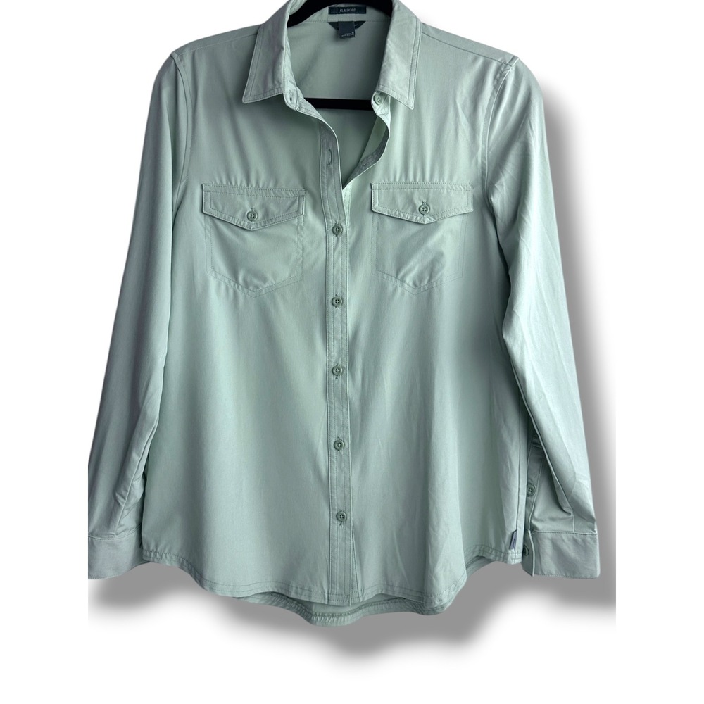 Eddie Bauer Button Down Shirt Womens S Sage Green Stretch Roll Tab Classic Fit